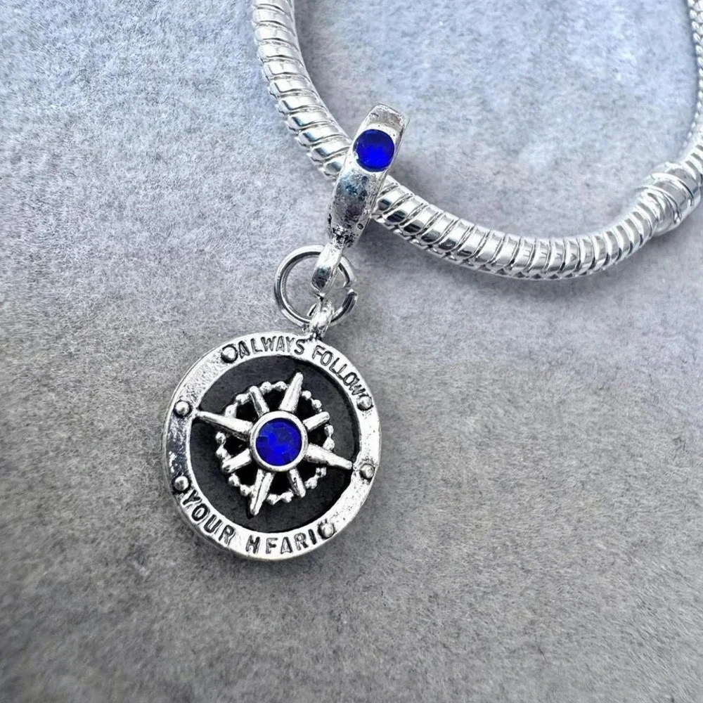 Compass Always Follow Your Heart Blue Crystal Dangle Charm fits PANDORA